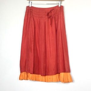 Fork Orange Pleated Silk A-Line Midi Skirt Small